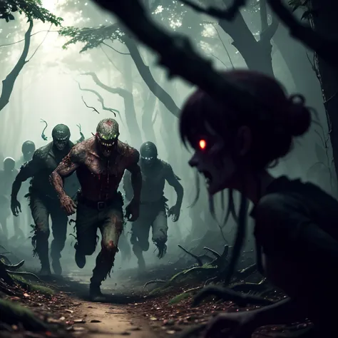 A group of zombies rushed out of the dark woods，in a panoramic view，depth of fields，hyper HD，the detail，A masterpiece，