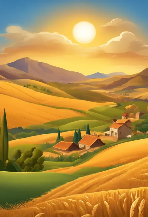 golden wheat fields，Harvest of wheat，Toil farmers，mountain peaks，rios，Village, Reap theme，colorfull background, Cartoon style, Disney style