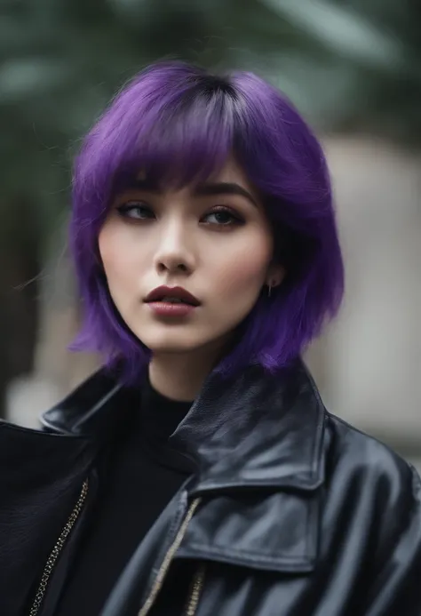 Purple hair short hair、girl with、profile