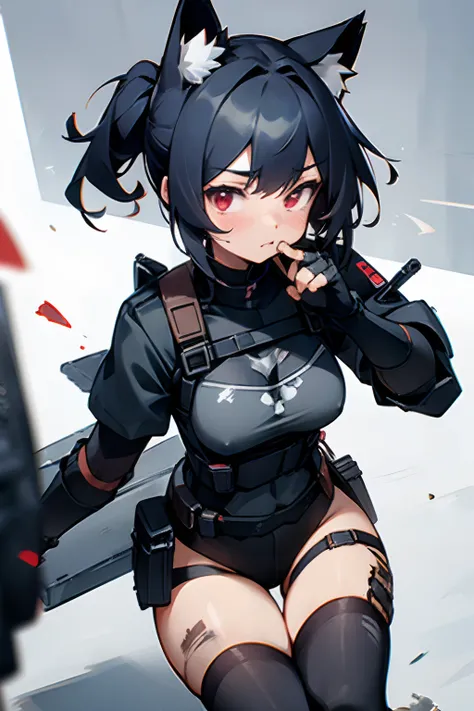 1 girl, 8k, artstation, ((masterpiece)), depth of field, ((face portrait)), (cat ears), glowing red eyes, military, fingerless gloves, cinematic, (action shot), (action pose), harness, body harness, tactical belt, pouches, body armor, combat shirt, exposed...