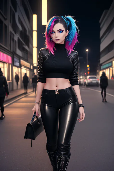 beautiful girl, full body, short bright neon streaked dishevelled hair, large blue piercing eyes, black eyeshadow, (street style wear:1.2), ((tight fitted pants)), ((knee high leather boots)), (city night background:1.2), dark makeup, digital art, trending...