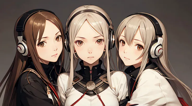 three mature girls hugging, range murata, last exile, flowing hair, headphones, hair decorations, ship