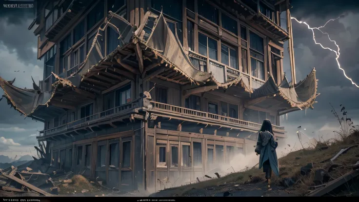 facing away from the audience（Doomsday ruins）Arapi stood on the roof looking out over the mountains, 16384k film, Shot on Sony A 7 III, 36864k film, movie still 8 k, 8 k film still, shot with canon eoa 6 d mark ii, Still from the movie, wide film still, ci...