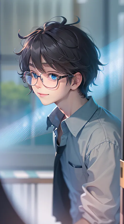 best quality,masterpiece,highres,solo,{koga_tomoe_seishunbutayarou:1.15},black hair,short hair,blue eyes,clear glasses,1 boy,shirt,long sleeves,half body,smile,blur,blurred background,blue shirt,collar Shirt, interior scene blurred.