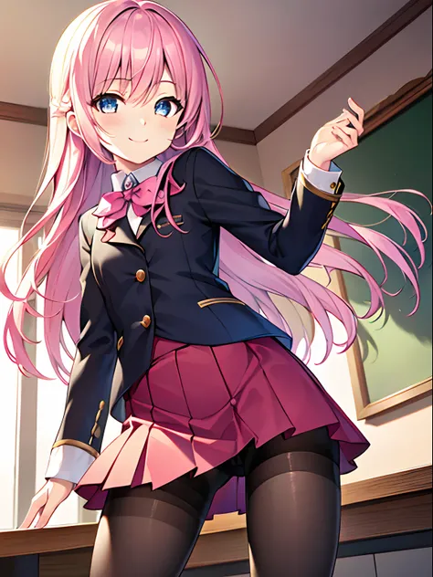 Highly detailed and realistic CG, Colorful, Masterpiece, Best Quality, jewel-like eyes, 1girl, solo, pink hair, long hair, black school uniform, miniskirt, loli, child, petite, happy smile, contrapposto, villain, black pantyhose, boots,