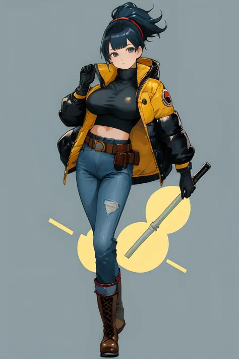 Anime girl, puffer jacket with belt, jeans, enka boots, leather gloves, full body, big tits, 2D