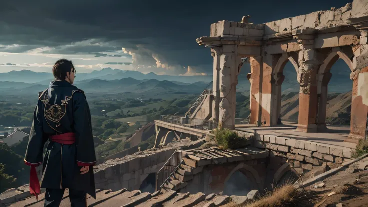 facing away from the audience（Doomsday ruins）Arapi stood on the roof looking out over the mountains, 16384k film, Shot on Sony A 7 III, 36864k film, movie still 8 k, 8 k film still, shot with canon eoa 6 d mark ii, Still from the movie, wide film still, ci...