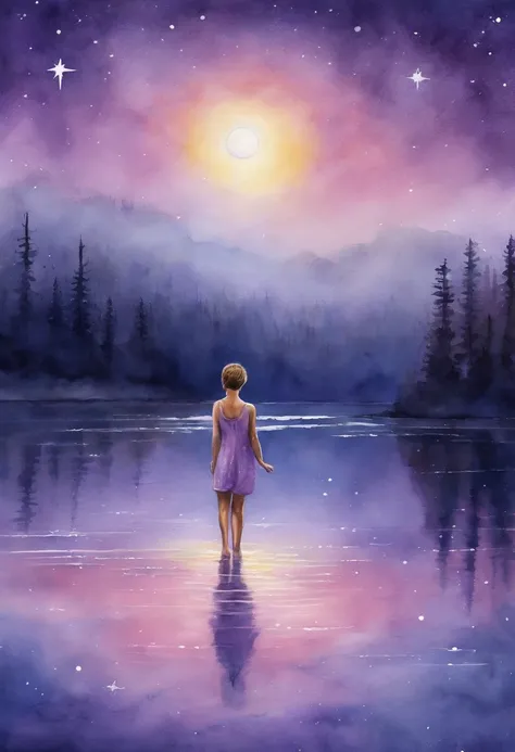 Light purple shorthair girl enters lake and looks at the sky full of stars up to her knees