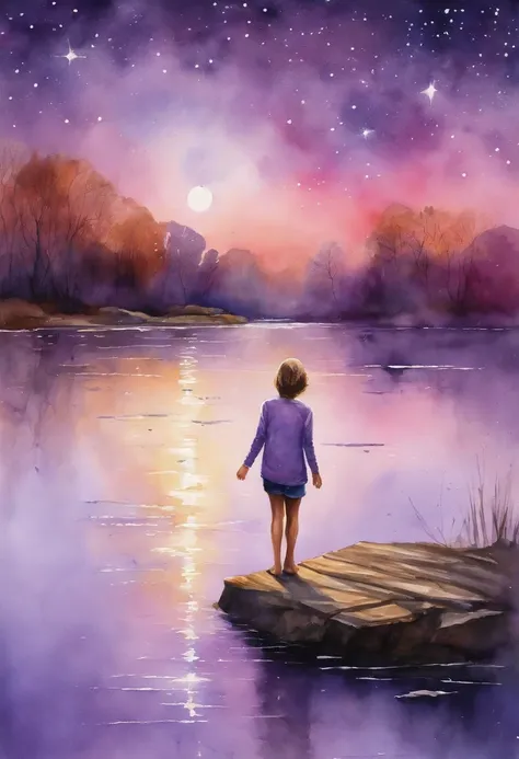 Light purple shorthair girl enters lake and looks at the sky full of stars up to her knees