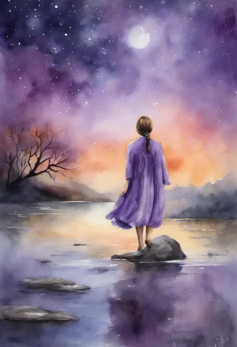 Lilac shorthair girl enters the lake、See a knee-deep sky full of stars