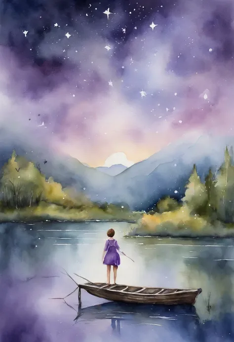 Lilac shorthair girl enters the lake、See a knee-deep sky full of stars