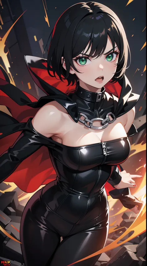 young girl, short black hair, Green eyes, angry, superhero, Spawn of Hell, black catsuit, White Elements, red coat, Demonic Chains, hiquality, 4k, HD, Good detail