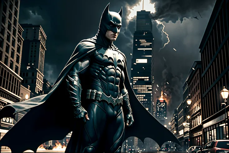 masterpiece, best quality, realistic,dynamic shot of Bat-Man,black cape,upper body DC universe cinematic, detailed face, 8k, uhd, sharp focus,Gotham City background,ruined city,Explosion everywhere,watfire everywhere,rain,fierce wind,Dust falling,at night