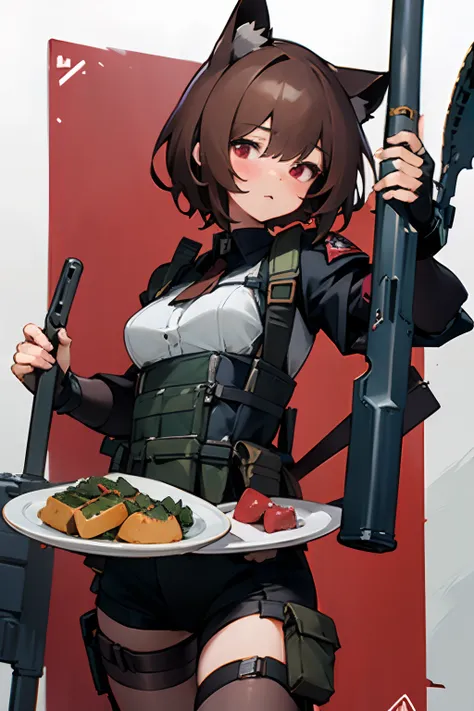 masterpiece, 8k, high quality, 1 girl, cat ears, military, ((plate carrier)), tactical gear, body armor, chest rig, (pouches), red eyes, camouflage, stockings, fingerless gloves, brown hair