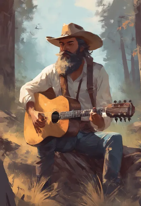 Bearded man playing guitar in the wilderness，white  shirt，Wearing a cowboy hat