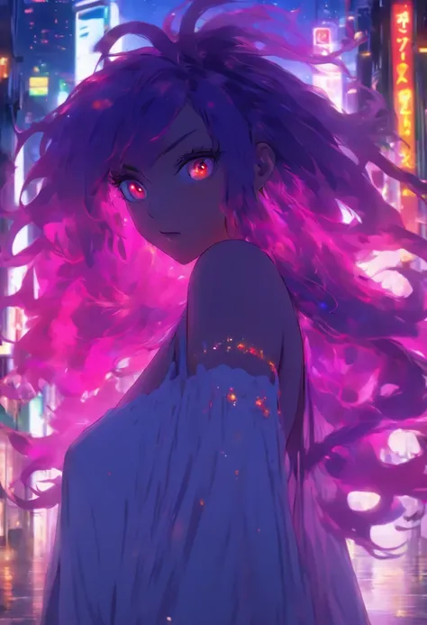 (Best Quality: 0.8), (Best Quality: 0.8), perfect anime illustration, Close up portrait of beautiful woman walking around town、very long purple hair、huge-breasted、Red eyes with a blush (((NSFW))) transparent white dress neon night city ultra details ultra ...