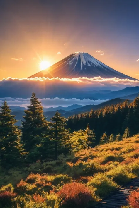 best qualtiy，超高分辨率，real photograph，the sun shines obliquely，ln the forest，mt fuji , （very detailed cg unity 8k wallpaper）， 8k  u...