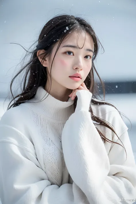 (8k, best quality, masterpiece, ultra highres:1.2) Photo of Pretty Japanese woman
 in the (style of paul rubens and rebecca guay:1.1) (melancholy winter snow:1.4)