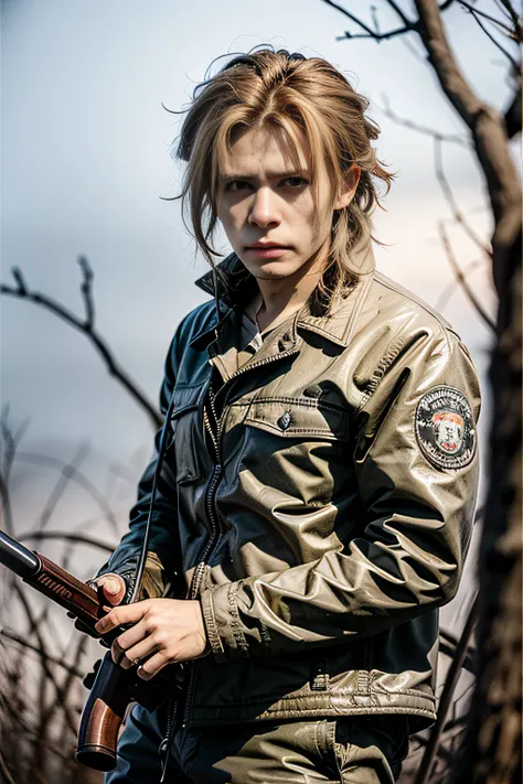 Realistic full body portrait, ruins, biohazard, Alice, zombie game heroine, stunningly beautiful white woman in her 20s holding rifle, translucent white skin, muddy, scratched, mud stained blonde hair and face, torn and tattered clothes, white skin, thighs...