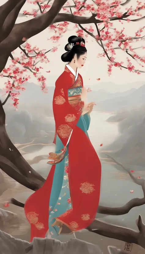 （Blurred foreground：It was snowing heavily：2.0，），（Plum blossoms fly：1.4），（Chinese Song dynasty beauties dancing），（realisticlying，Long flowing black hair，anatomy correct，Korean star face，ssmile，The hands and face are very delicate and clear），（Stand in the m...