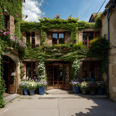 Flowers, Flower shop from the inside, (Realistic), photo, Modern Flower Shop, France, Best Quality, dynamic colors, Twists, Architectural streets, Large and beautiful bouquets of flowers, Vines, landscape, clean sky, Digital Painting, extra high resolution...