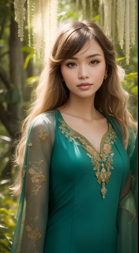 create a mystical forest portrait with the malay woman in an ethereal, flowy gown, medium blonde hair with bangs, posed among an...