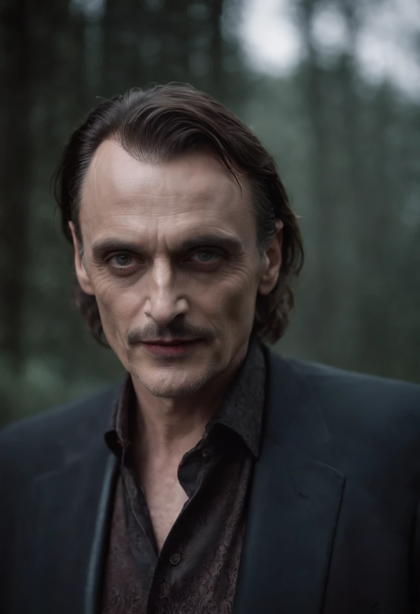 Robert Knepper as a Joker,portrait,UHD,masterpiece:1.2,ultra-detailed,physical-based rendering,realistic:1.37,dark and haunting atmosphere,vibrant colors,menacing expression,green hair,pale white skin,smudged purple makeup,sharp and detailed facial feature...