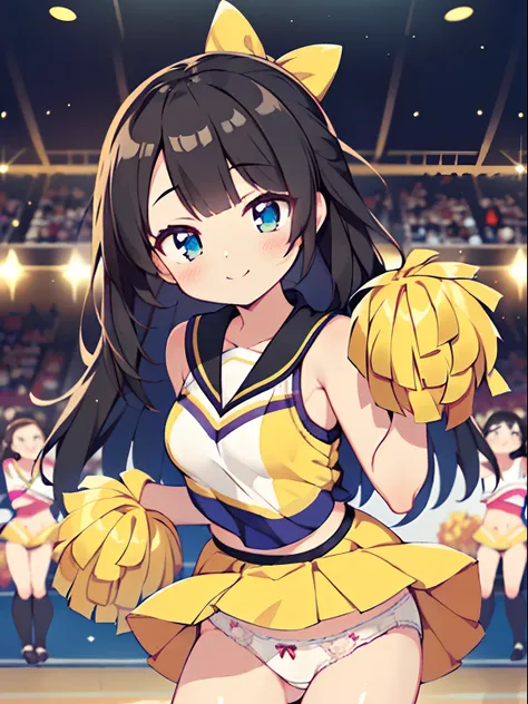 cheer girl,Little smile,cheer leading,Cheerleader Uniform, (((masutepiece))), (((Best Quality))), ((Ultra-detailed)), (Illustration), ((extremely delicate and beautiful)),(Bokeh,Blurry background),(Best Shadow), 1girl in,White panties, Black hair, Long hai...