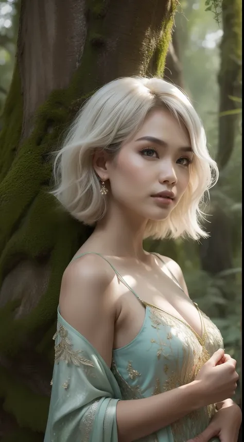 Create a mystical forest portrait with the Malay woman in an ethereal, flowy gown, short bob white hair with bangs, posed among ancient trees and glowing mushrooms, embodying the enchantment of the woods.