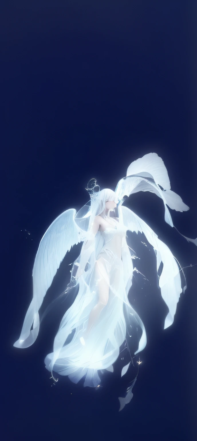 Floating in the water is a woman in a white dress, white hair floating in air, a still of an ethereal, she is floating in the air, elven angel meditating in space, floating drowned, ethereal wings, elegant floating pose, water fairy, floating in perfume, d...