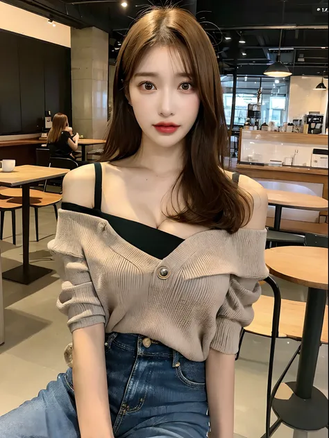 (realisitic、hight resolution:1.3)、(1 girl with a perfect figure)、Super thin face and eyes、shorth hair、Tight off-shoulder:1 in random color.2、Short jeans skirt、in a cafe、coffee on table、Colossal tits、Exposed cleavage