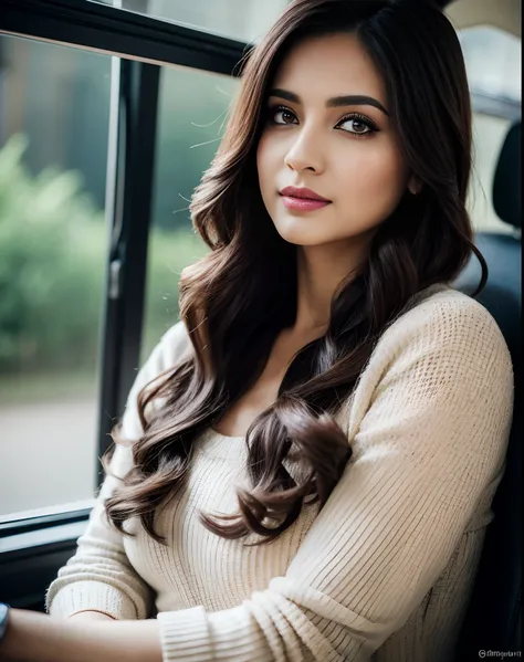 A confident-looking indian woman  with long flowing hair, hazel and brown eyes, with flowing see-through suit, c-cup breast travel in bus, sitting some people in background,bokeh perfect composition, hyperrealistic, super detailed, 8k, high quality, trendi...