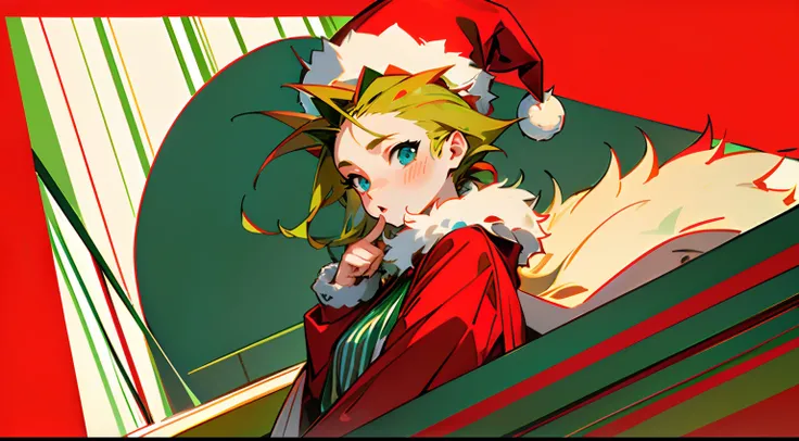 ((​masterpiece:1.4、top-quality)) 、(18 year old woman wearing Santa hat、Wearing a winter fur coat、Smile on the back screen、low angles、Blonde spiked hair and blue eyes、) 、(Green and red attire、Green and red stripes:1.3) 、Streets bustling with Christmas、The s...