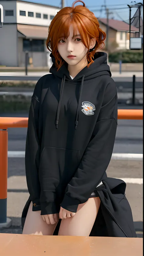 1girl, higuchi Madoka, black hoodie, shirt hair, orange hair, relistic, ultra detail, town background, 8k, 70mm lens,