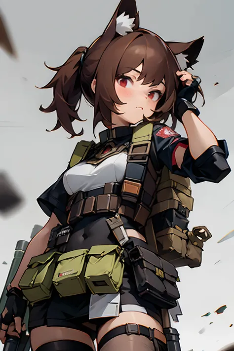 masterpiece, 8k, high quality, 1 girl, cat ears, military, tactical gear, body armor, chest rig, (pouches), red eyes, stockings, fingerless gloves, brown hair, (face portrait), closeup, platecarrier, grenade, frag grenade, grenade pin