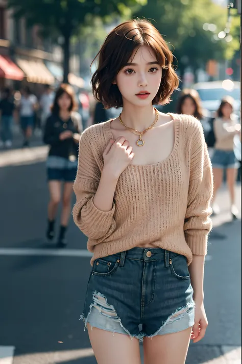 ((medium breast, tomboy girls, small head)), (perfect body : 1.1), (short wavy hair : 1.2) , auburn hair, collar, chain, half body shot, bokeh crowded street, wearing sweater, ((shorts)), (extremely detailed CG 8k wallpaper), (an extremely delicate and bea...