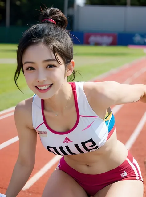 Purple and red female athlete runs on track with other athletes, akikazu mizuno, Yuka Kazami, Kazue Kato, akiko takase, Chiho Ashima, Shiori Teshirogi, nishimiya shouko, Aoi Ogata, mao hamaguchi, Sui Ishida, hanekawa tsubasa,As if Lisa Simpson came back to...