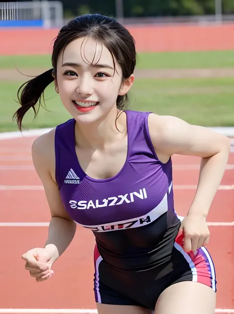 Purple and red female athlete runs on track with other athletes, akikazu mizuno, Yuka Kazami, Kazue Kato, akiko takase, Chiho Ashima, Shiori Teshirogi, nishimiya shouko, Aoi Ogata, mao hamaguchi, Sui Ishida, hanekawa tsubasa,As if Lisa Simpson came back to...