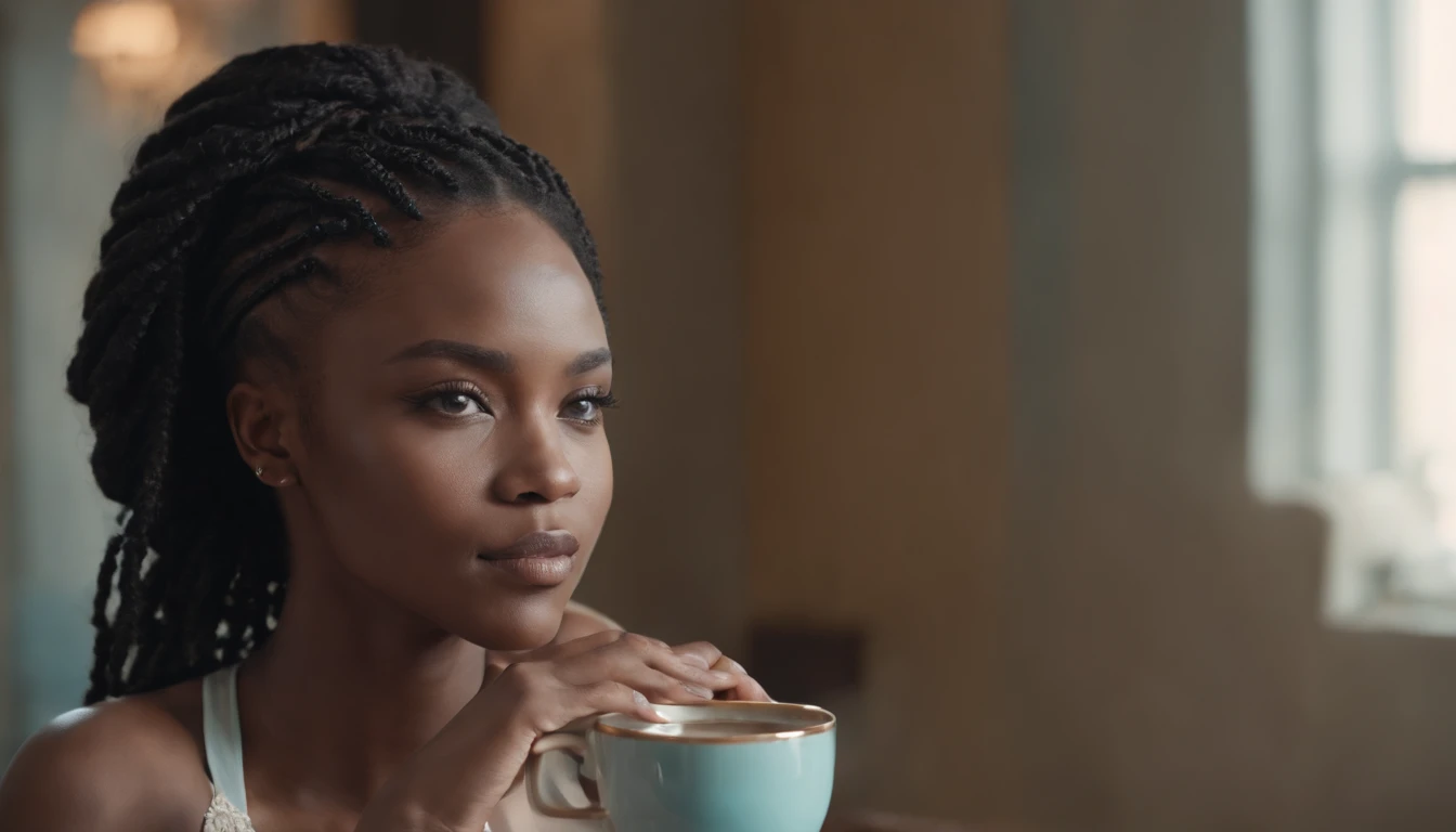 African black woman in lingerie:1.4, Cyan eyes:1.4, pouty lips:1.4, sitting at a table:1.4, pronounced cheekbones, hairlong, looking a viewer, Drinking coffee from a porcelain cup:1.4, Steam from a cup:1.4, Against the background of an open window:1.4, fli...