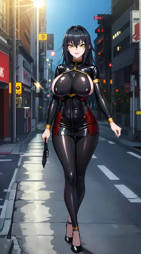 walking on road at midnight background, empty streets,
Standing at attention, Annerose,
black outfit, bodysuit latex,
 black_hair,yellow_eyes, long_hair, hair intakes,
1 girl, 35yo,mature female,Beautiful Finger,Beautiful long legs,Beautiful body,Beautiful...