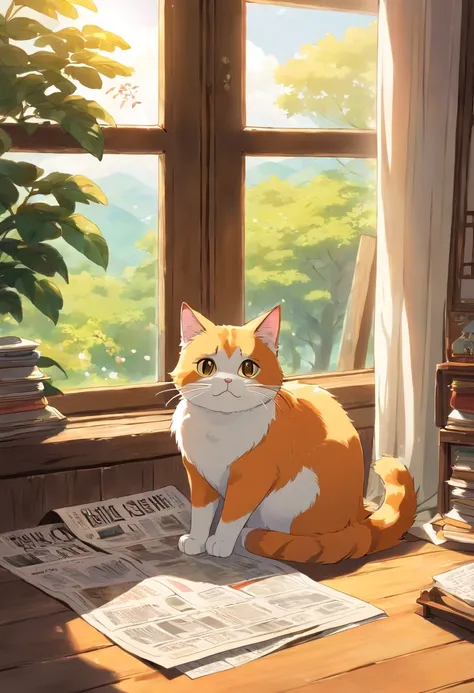 A round-eyed cute cat,Read the newspaper, Sunlight outside the window