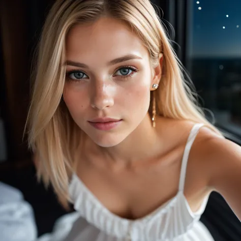 (selfie, top view: 1.4), (straight full body: 1.4), RAW UHD portrait photo of a 24-year-old blonde (hazel-eyed woman) standing in her bedroom (skirt), (neckline), details (textures! , hair! , glitter, color!! , disadvantages: 1.1), glossy eyes with high de...