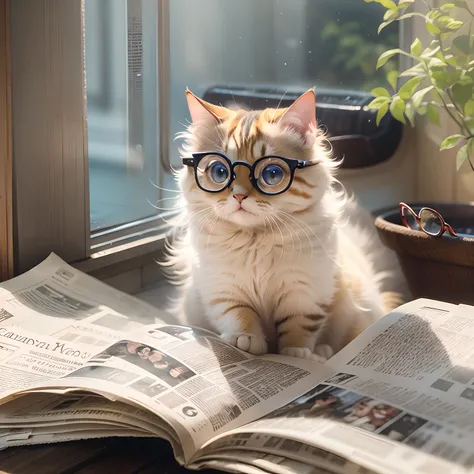 A round-eyed cute cat with glasses,Read the newspaper, Sunlight outside the window