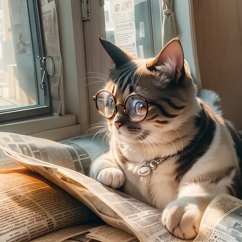 A round-eyed cute cat with glasses,Read the newspaper, Sunlight outside the window