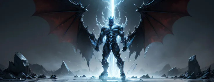 (A man-shaped ice demon with a muscular body:1.3), 3 meters tall, with blue-black demon wings resembling bat wings, radiating an icy aura, art, (hdr:1.5), hyper detailed, light effect, dramatic light, (intricate details:1.1), (background A wasteland, the g...