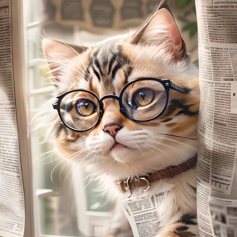 A round-eyed cute cat with glasses,Read the newspaper, Sunlight outside the window