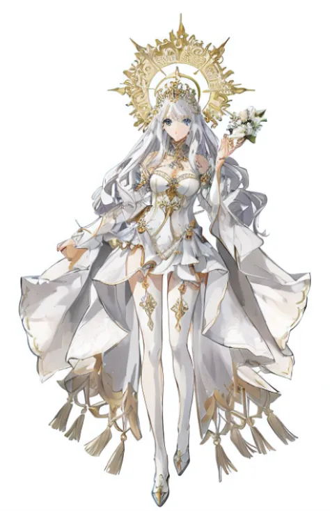 a drawing，One in a white dress，Woman with a crown on her head, Anime goddess, ((a beautiful fantasy empress)), full - body majestic angel, cleric, Goddess. Extremely high detail, pretty female cleric, a beautiful fantasy empress, official character art, ex...