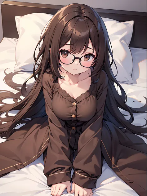 1 female、brown haired、Brown eyes、Black-rimmed glasses、seductive boobs、gorgeous faces、Perfect body。Best Quality、ultra-detailliert、8K resolution、Raw photo、masutepiece。s Pajamas。Lying in bed。sleeping face。