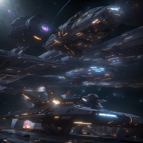 A huge spaceship,full bodyesbian，Solo，Spaceships in the Avengers，seen from outside，(multiple lighting sources:1.5),Detailed hull details,Cosmic galaxy background,Escaped spaceship,((Best quality)), ((Masterpiece)), (Epic composition:1.2), (unreal 5 render:...