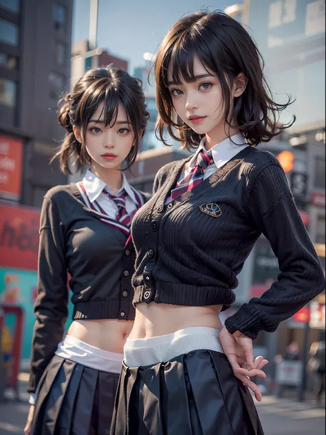 (((2females))), (((skirt rift:1.3))), (((lift skirt myself))), ((panties focus)), ((shool uniform)), ((Cardigan)), ((a miniskirt)), Modern old cityscape,  (NSFW), 24 year old, 7headed body, (cute  face), (Ideal ratio body proportions), (Composition from he...